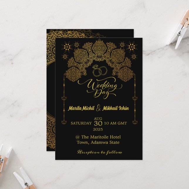 Convite de luxo com ornamento Dourado islâmico (Frente/Verso In Situ)