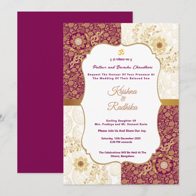 Convite de luxo étnico para casamento hindu indian (Frente/Verso)