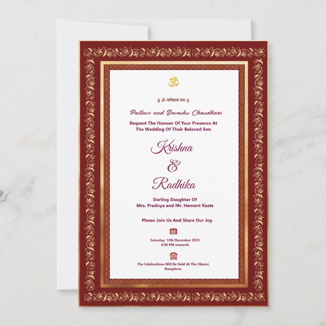 Convite de luxo étnico para casamento hindu indian (Frente)