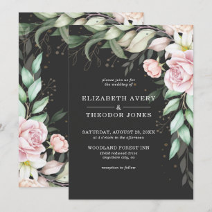 Convite de Luxo para Casamento Floral Preto e Rosa