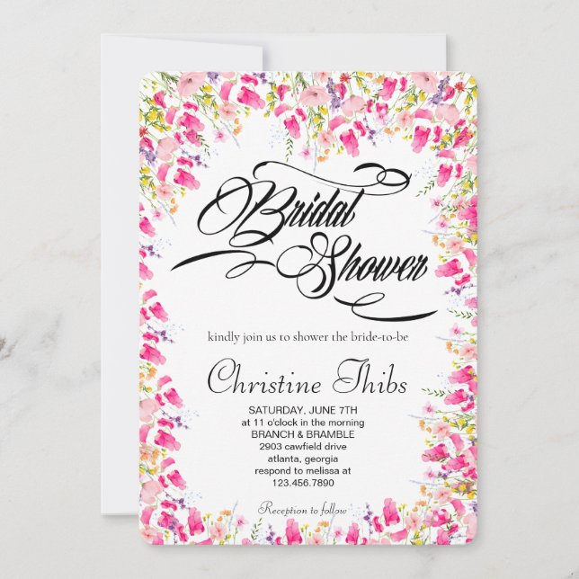 Convite de Luxo Rosa Floral para Chá de Noiva (Frente)