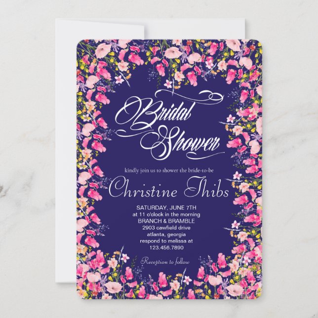 Convite de Luxo Rosa Floral para Chá de Noiva (Frente)