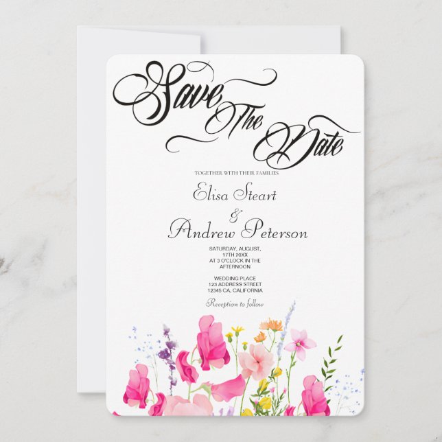 Convite de Luxo Rosa Floral para Salvar a Data (Frente)