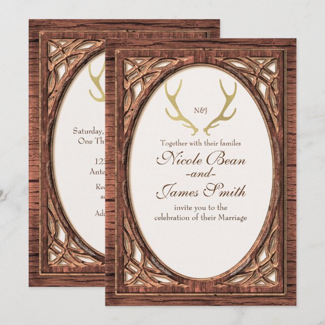 Convite de Madeira Rustic Gold Deer Antlers Duas C (Frente/Verso)