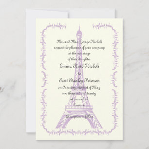 Convite de marfim em Torre Eiffel, roxo de casamen