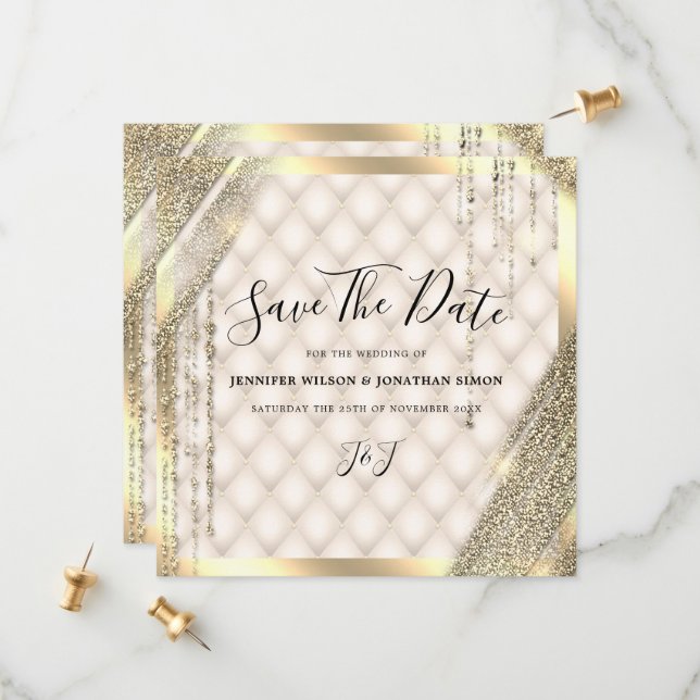 Convite de Marfim Save the date com Brilho Dourado (Frente/Verso In Situ)
