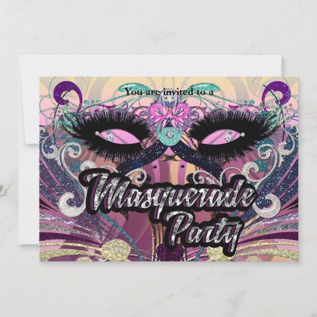 Convite de Máscara de Cílios Glam de Festa de Másc (Frente)