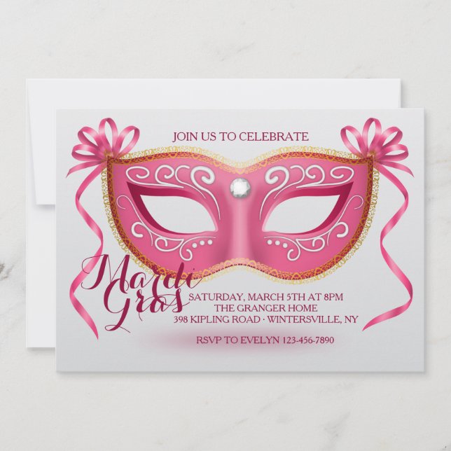 Convite de Máscara de Mardi Gras Rosa (Frente)