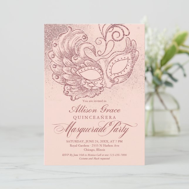 Convite de Máscara de Quinze Anos Rosa Dourado (Em pé/Frente)