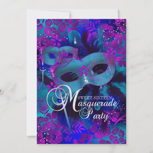 Convite de Máscara Floral Roxo e Turquesa para Fes (Frente)