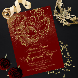 Convite de Mascarada de Quinceanera Dourado Borgon