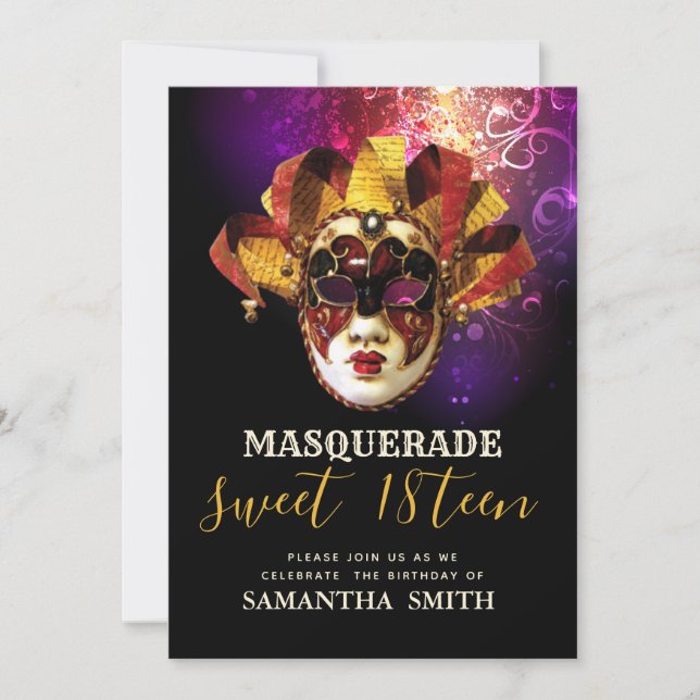 Convite de Mascarada Preto Roxo Dourado Chique (Frente)