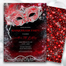 Convite de Mascarada Preto Vermelho Prata