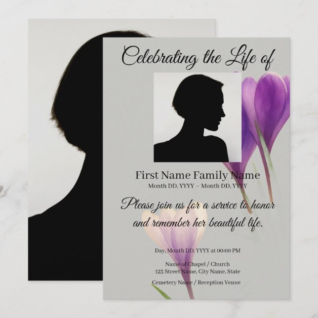Convite de memorial de crocus roxo (Frente/Verso)