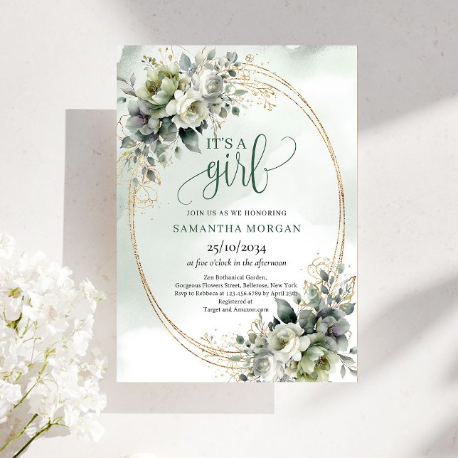 Convite de Menina com Verde Água e Dourado (Watercolor Greenery Gold It’s A Girl Invitation)