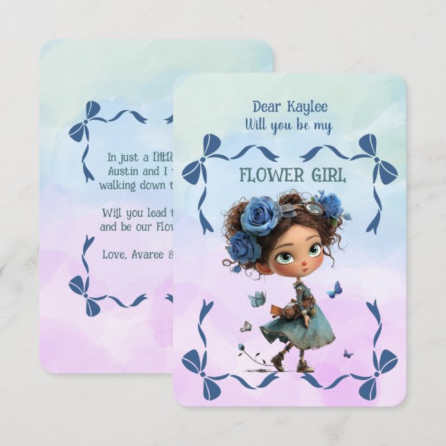 Convite de Menina de Flores Floral Azul Aquarela (Frente/Verso)