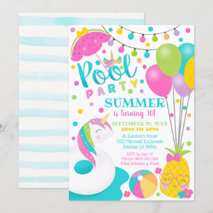 Convite de Menina para Festa de Piscina do Unicórn