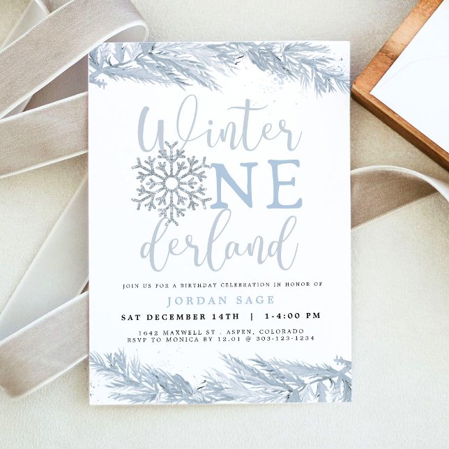 Convite de Menino Winter Onederland, Floco de Neve (Dusty Blue Winter Onederland Snowflake Boy First Birthday Party Invitation)