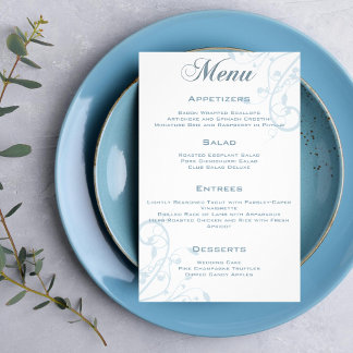 Convite de Menu de Casamento Floral Elegante Azul