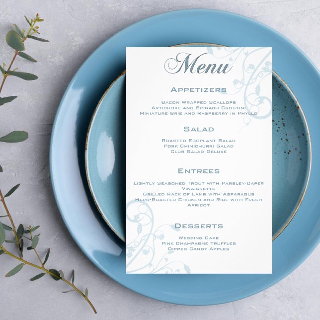 Convite de Menu de Casamento Floral Elegante Azul  (Criador carregado)