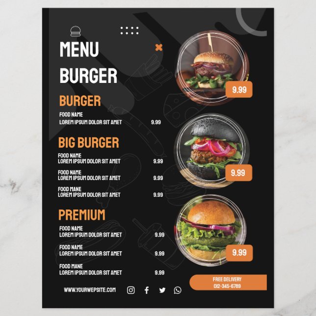 Convite de Menu de Restaurante de Hambúrguer Elega (Frente)