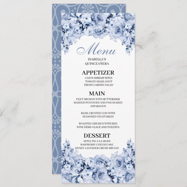 Convite de Menu Dusty Blue Floral Quinceanera (Frente/Verso)