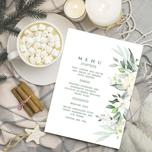 Convite de Menu Floral Branco de Folhagem Moderna (Celebrate in style with our chic white floral menu invitation, ﻿#WeddingSeason #watercolorflowers)