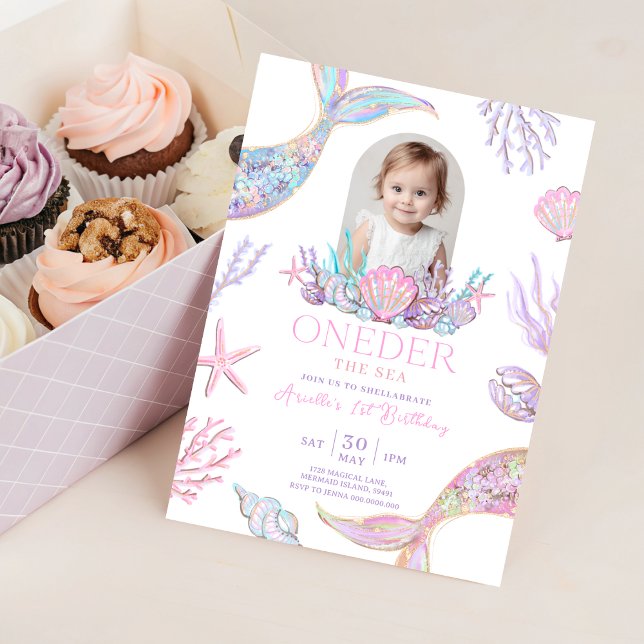 Convite de Mermaid Oneder the Sea Editável (Mermaid Tail 1st Birthday Invitation With Picture)