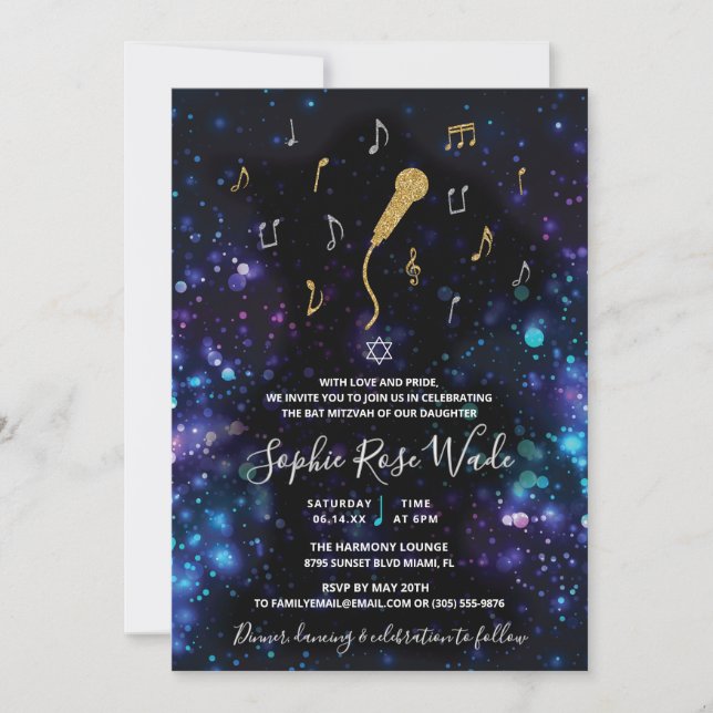 Convite de Microfone para Bat Mitzvah Musical (Frente)
