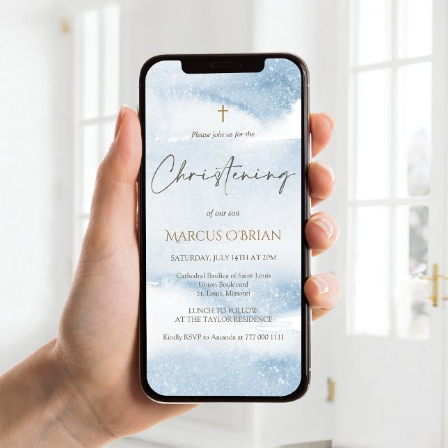 Convite de Móbile de Batismo de Menino com Aquarel (Blue Watercolor Boy Christening Mobile Invite)