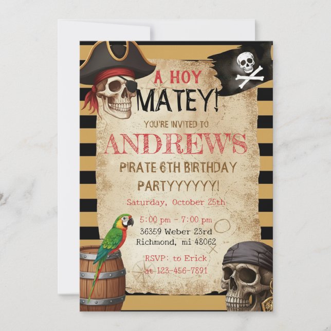 Convite de Modelo de Festa de Piratas Editável (Frente)