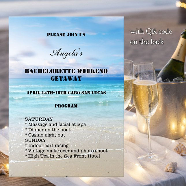 Convite de Modelo de Fim de Semana de Praia para D (Bachelorette weekend getaway invitation program template with a colorful painting of a beach)