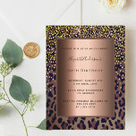 convite de modelo leopardo-festa de aniversário em<br><div class="desc">Um convite elegante, legal, glamouroso e feminino para uma festa de aniversário da 50ª (ou qualquer idade) com um padrão leopardo castanho, ouro e preto, decorado com confete ouro. Uma estrutura metálica de bronze em falso, com espaço para informação do seu partido. Fundo: plano de fundo postal. Esta placa também...</div>