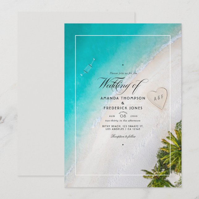 Convite de Monograma de Casamento de Verão na Prai (Frente/Verso)