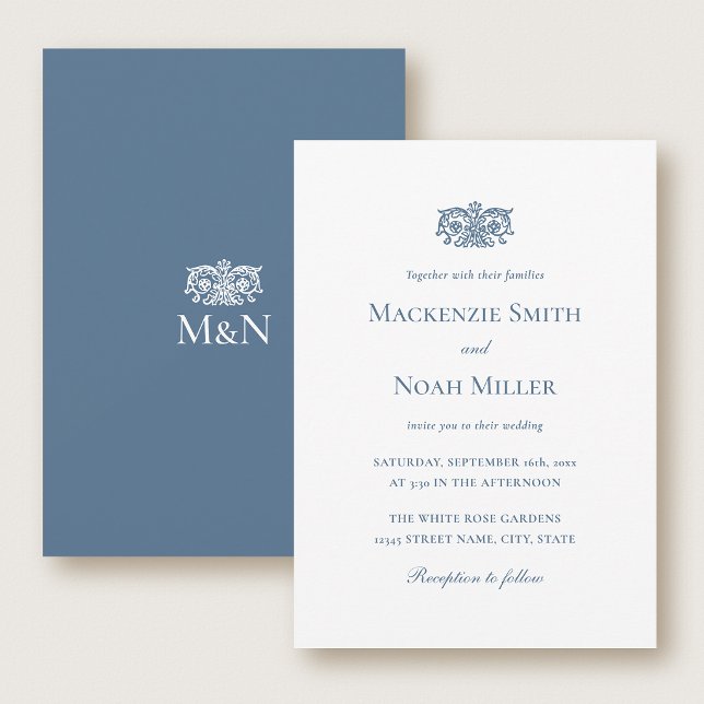 Convite de Monograma de Casamento Elegante Azul Or (Criador carregado)