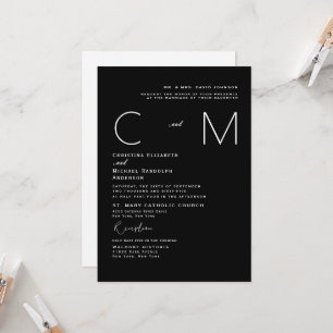 Convite de Monograma de Casamento Moderno Preto e 
