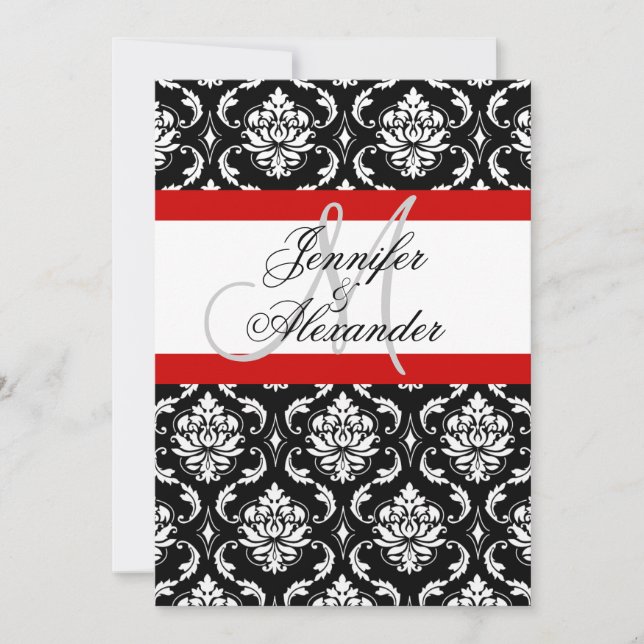 Convite de Monograma de Casamento Vermelho Damask  (Frente)