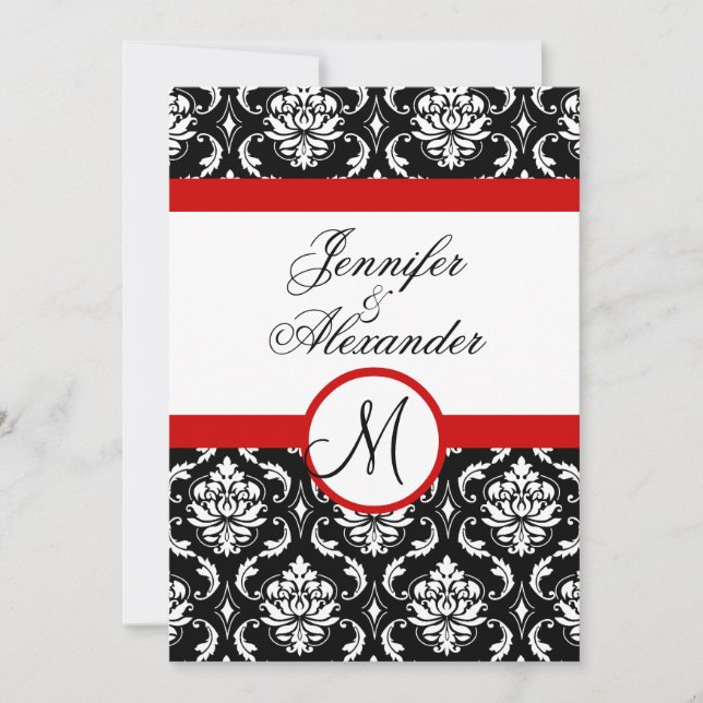 Convite de Monograma de Casamento Vermelho Damask  (Frente)