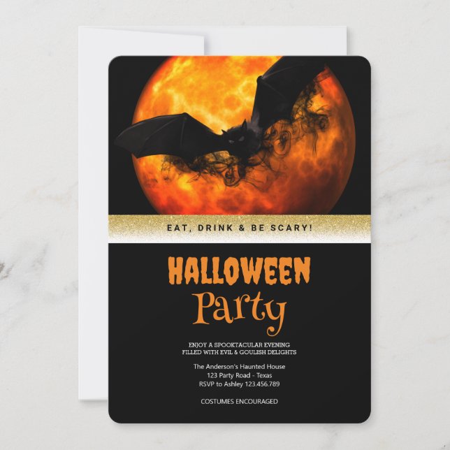 Convite de Morcego Gótico para Festa de Halloween (Frente)