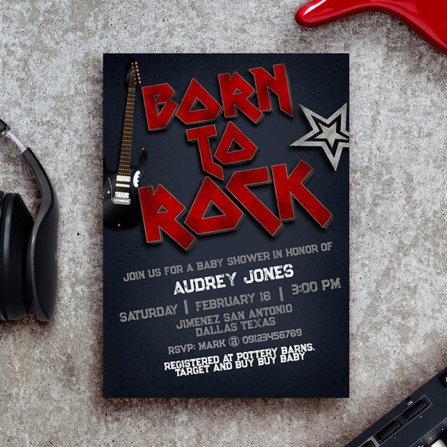 Convite de nascer para Chá de fraldas Rock (Born to Rock Baby Shower Invitation)