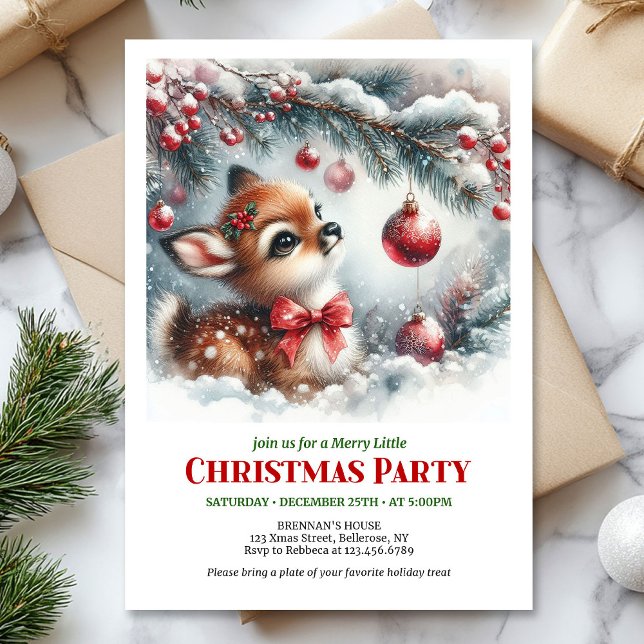 Convite de Natal aconchegante de inverno para bebê (Cozy winter baby deer snowy forest watercolor Christmas invitation

)