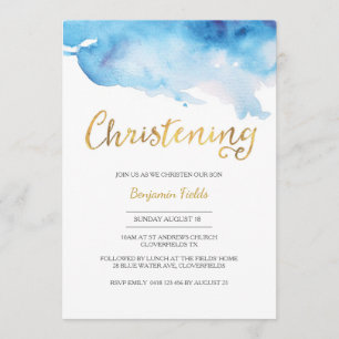Convite de Natal aquarela azul e ouro