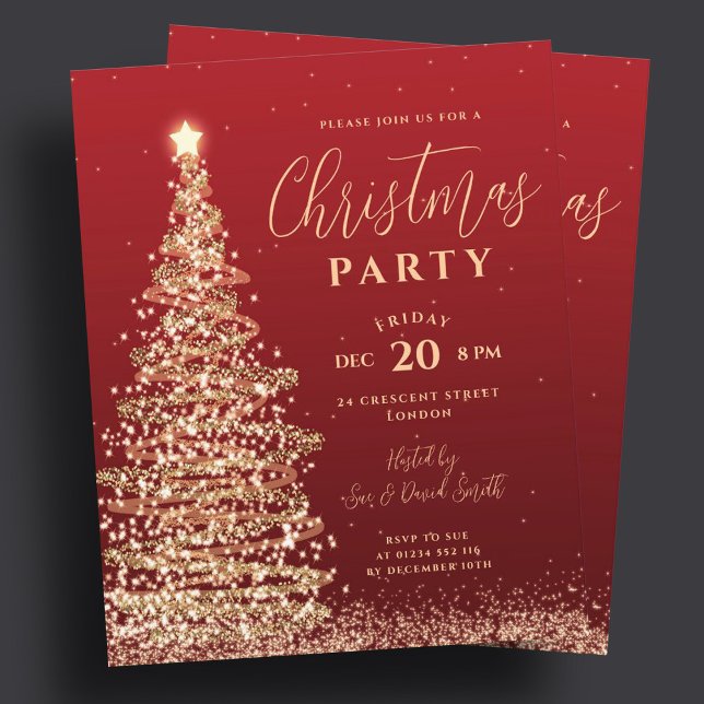 Convite de Natal Árvore de Natal Vermelha Festa Or (Budget Christmas Tree Party Red Holiday Invite )