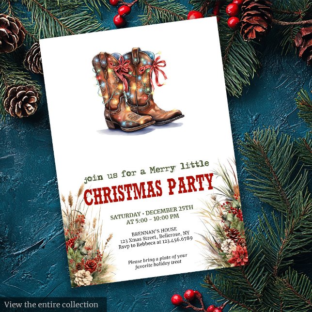 Convite de Natal Botas de Cowboy Vermelhas e Verde (Rustic Western Christmas invite with cowboy boots, lassos, and festive red-green charm.)