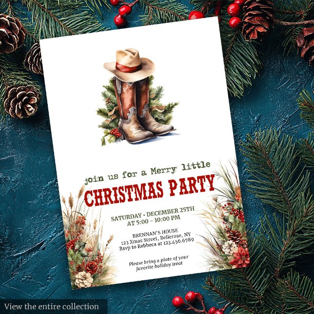 Convite de Natal Botas de Cowboy Vermelhas e Verde (Cowboy Boots Red Green Christmas Invitation)