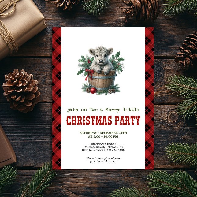 Convite de Natal clássico com flores vermelhas de  (Classic highland cow Christmas invite red florals

)