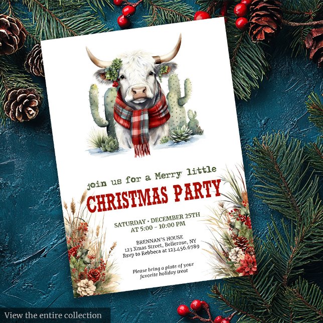 Convite de Natal Clássico Vaca das Terras Altas Ve (Classic Red Green Cowboy Christmas Invite)