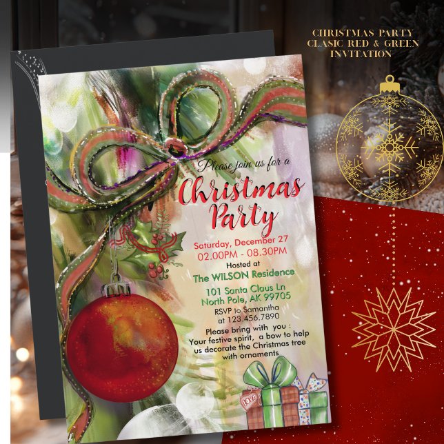 Convite de Natal Clássico Vermelho e Verde com Arc (Classic Red Green Bow Watercolor Christmas Party Invitation)