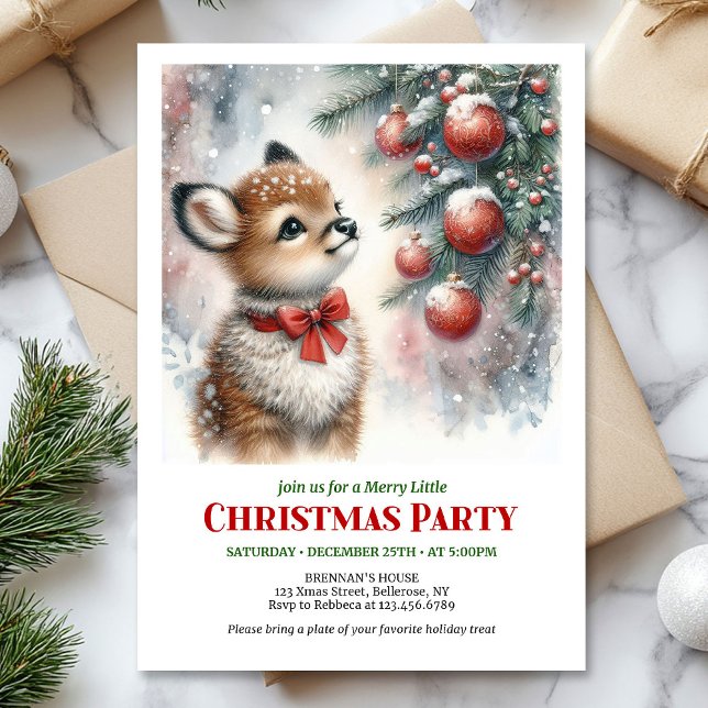 Convite de Natal com adorável cervo bebê na flores (Lovely snowy forest baby deer Christmas invite editable template)