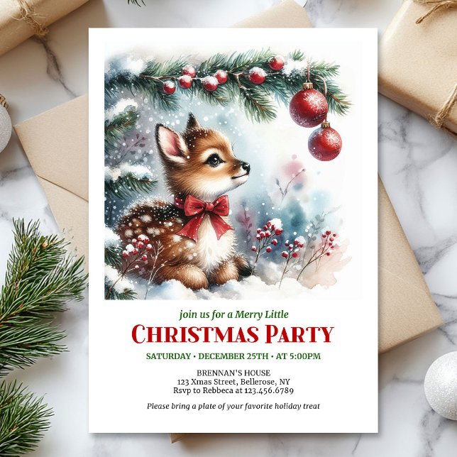 Convite de Natal com cervo bebê em floresta nevada (Bright snowy forest baby deer Christmas invitation printable template)